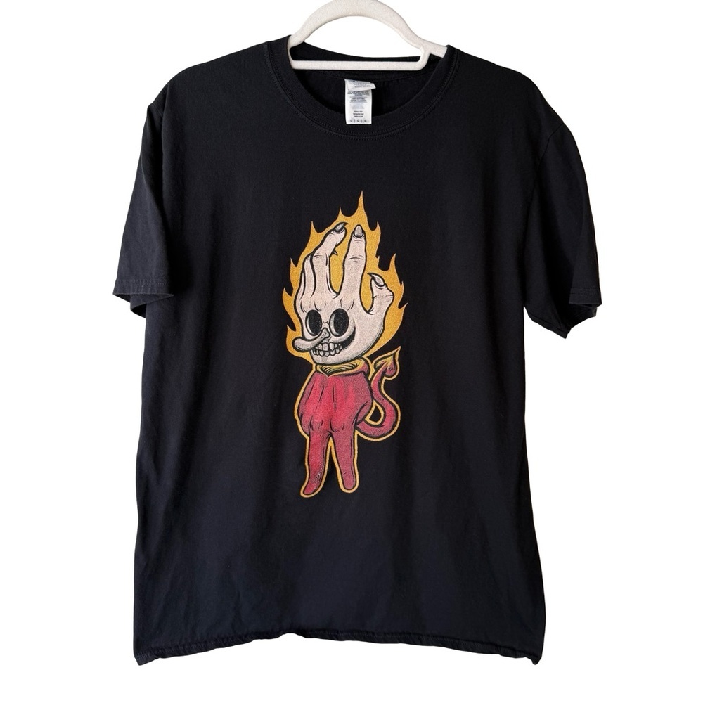 Gildan Softstyle Graphic Black Flaming Hand Tee Size L Streetwear Y2K Skater